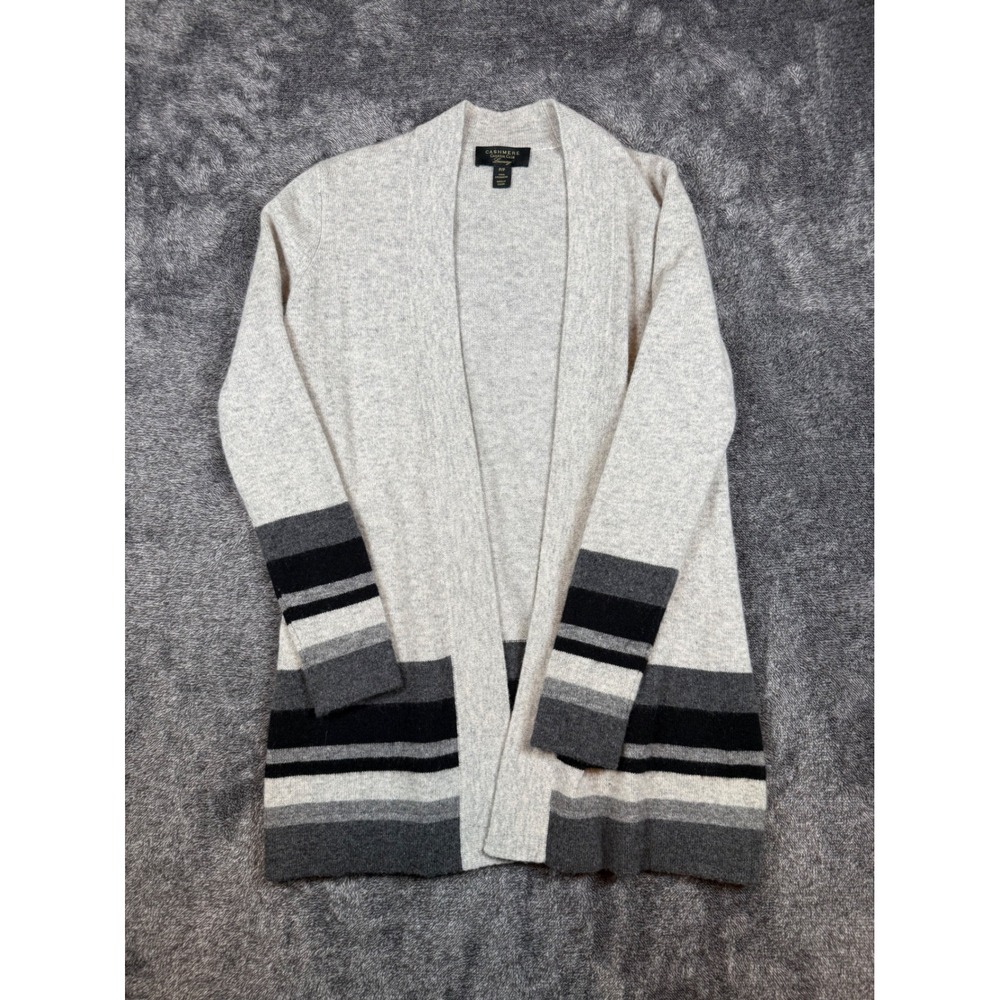 Charter Club Luxury 100% Cashmere Cardigan Petite P Grey Striped Open Front